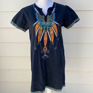 BOHO BEACHY dress navy with embroidered front sleeves and hem sz L 100% cotton